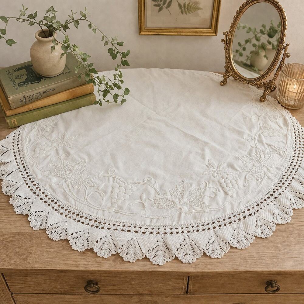 Vtg Handmade Embroidered Lace Table Topper Grapes Crochet Edge 38” Farmhouse